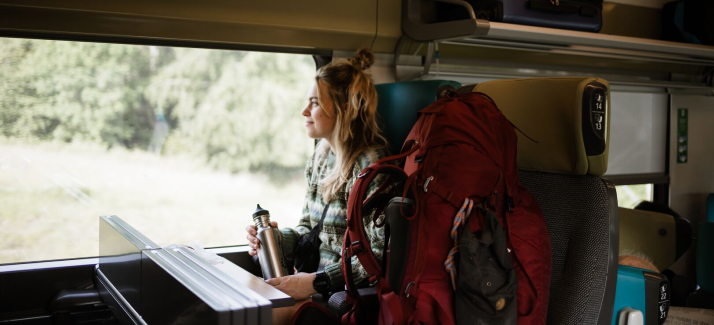 jonge vrouw zit in de trein met een grote rugzak