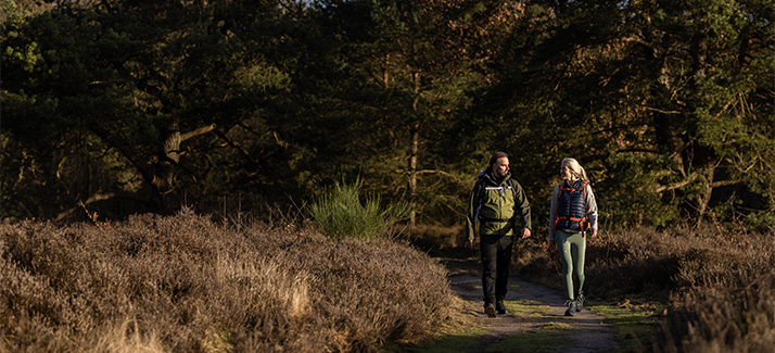 een man en vrouw wandelen door het bos
